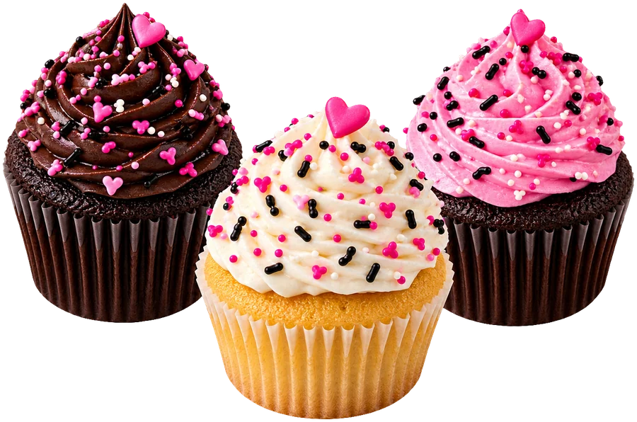 Three cupcakes: chocolate, vanilla and pink frosted
